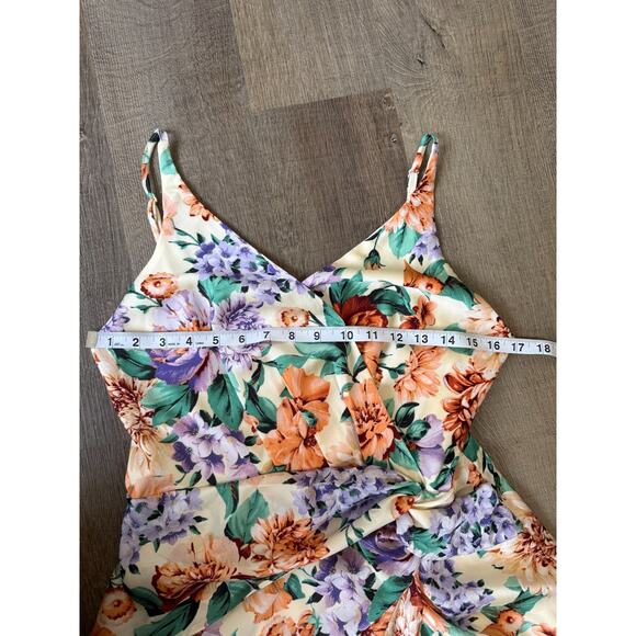 Express Floral Faux Wrap Midi Dress Women‎ M Spaghetti Strap Tulip Hem Cocktail - Picture 13 of 14